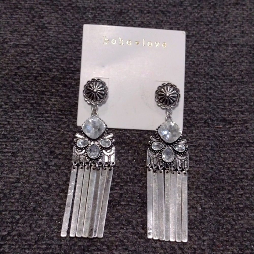 ZAD Silver Rhinestone Flower Dangle Earrings